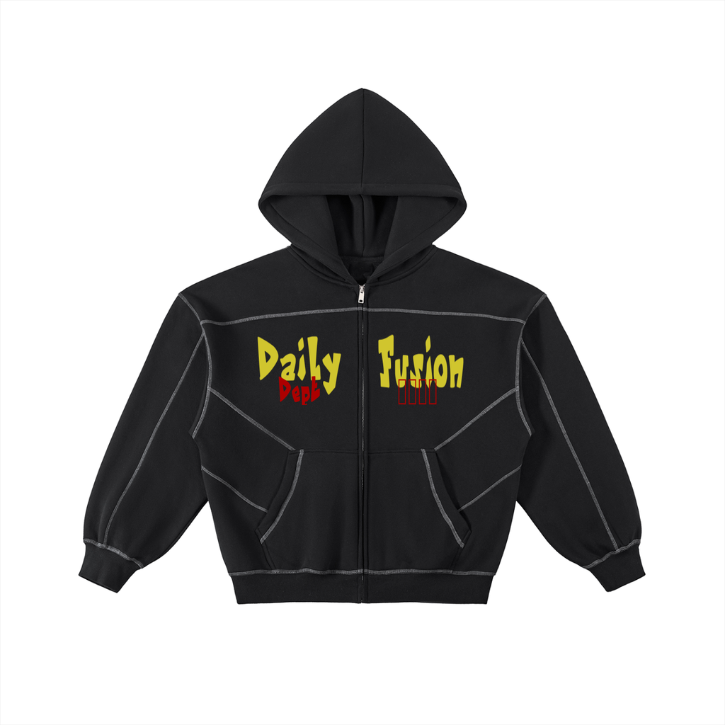 Daily fusion Contrast-Stitched Boxy Fleece Zip Hoodie